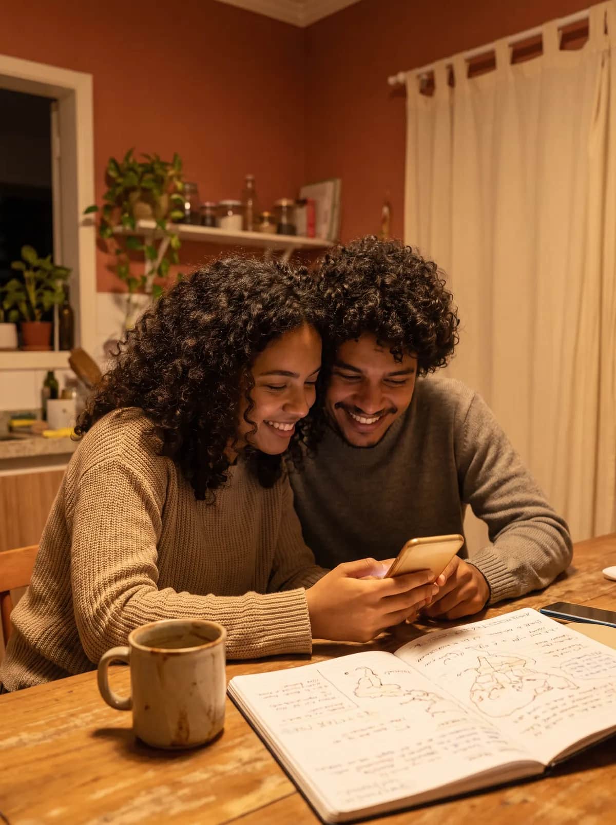Casal sorrindo à mesa da cozinha, olhando juntos o celular, com um caderno aberto.