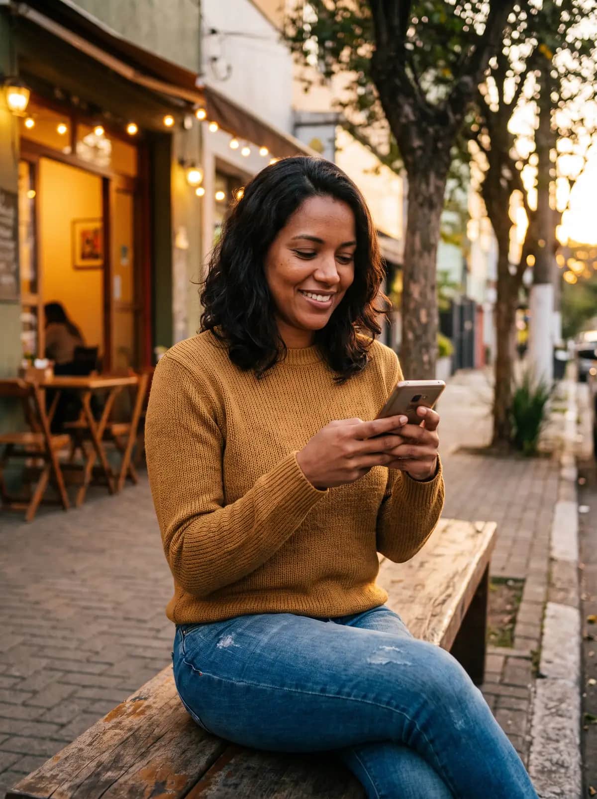 Mulher sentada num banco de calçada ao entardecer, sorrindo enquanto digita no celular, com um restaurante iluminado ao fundo.