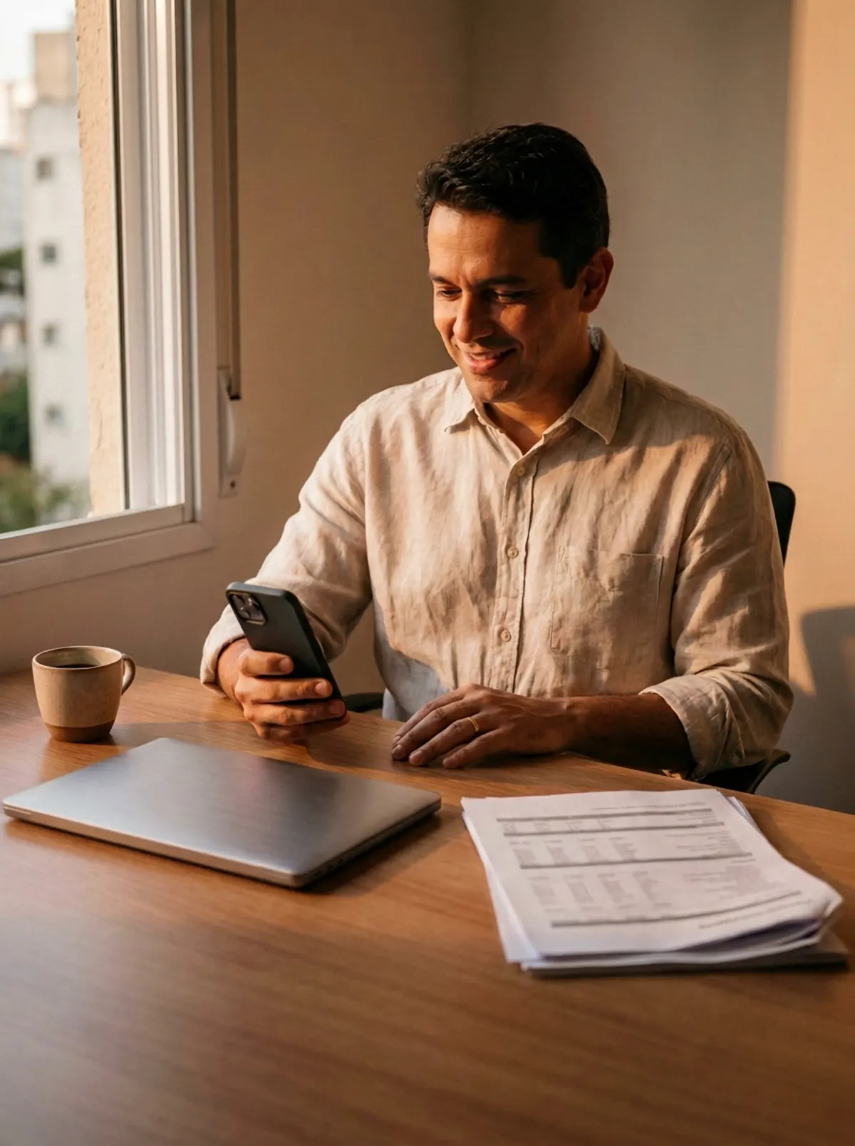Homem sentado à mesa de um escritório em casa, com relatórios impressos ao lado, olhando o celular.